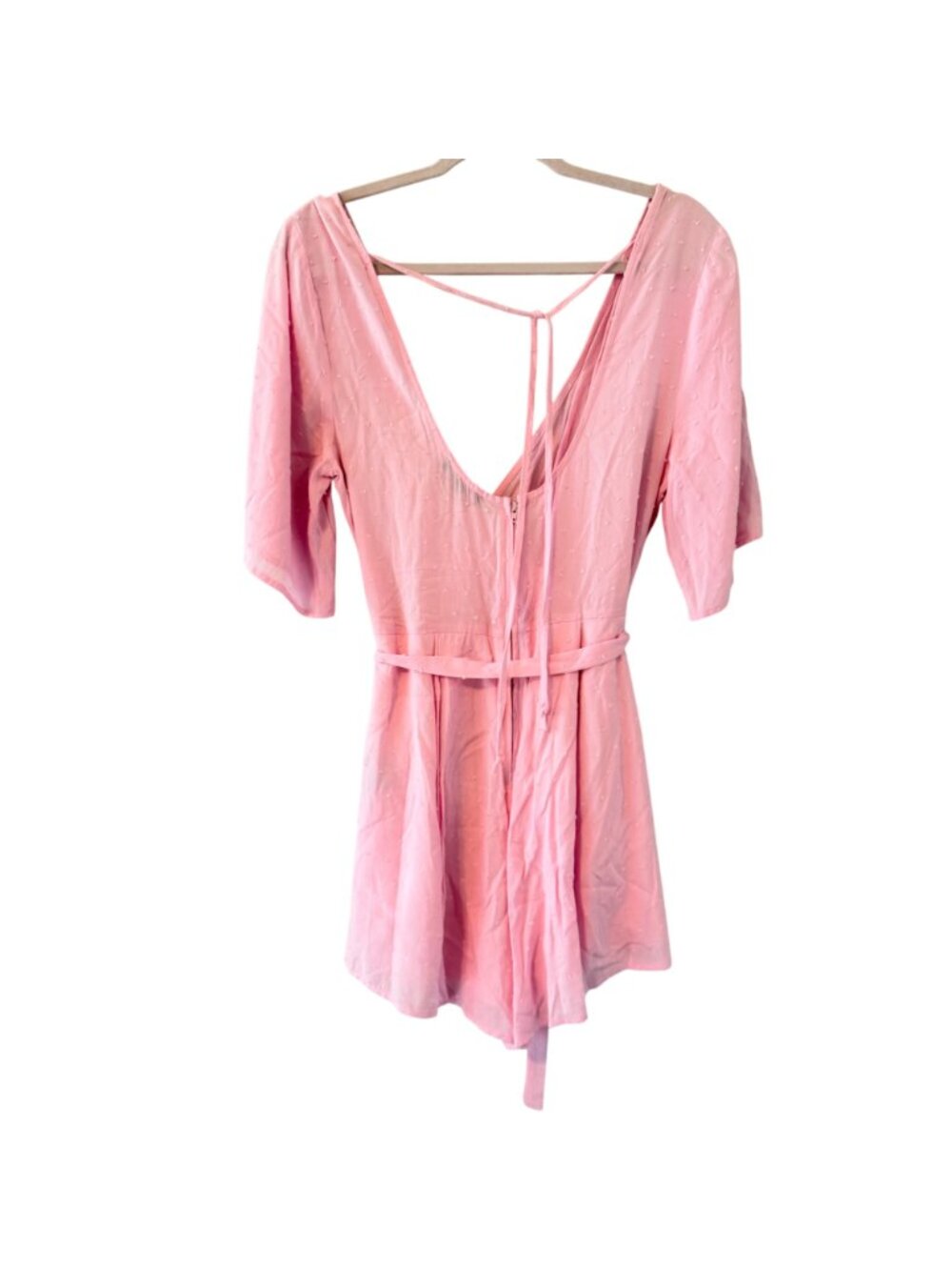 Trixxi Womens Pink Surplice Romper With Waist Tie Sz Medium Short Sleeves. NWT - Picture 9 of 12